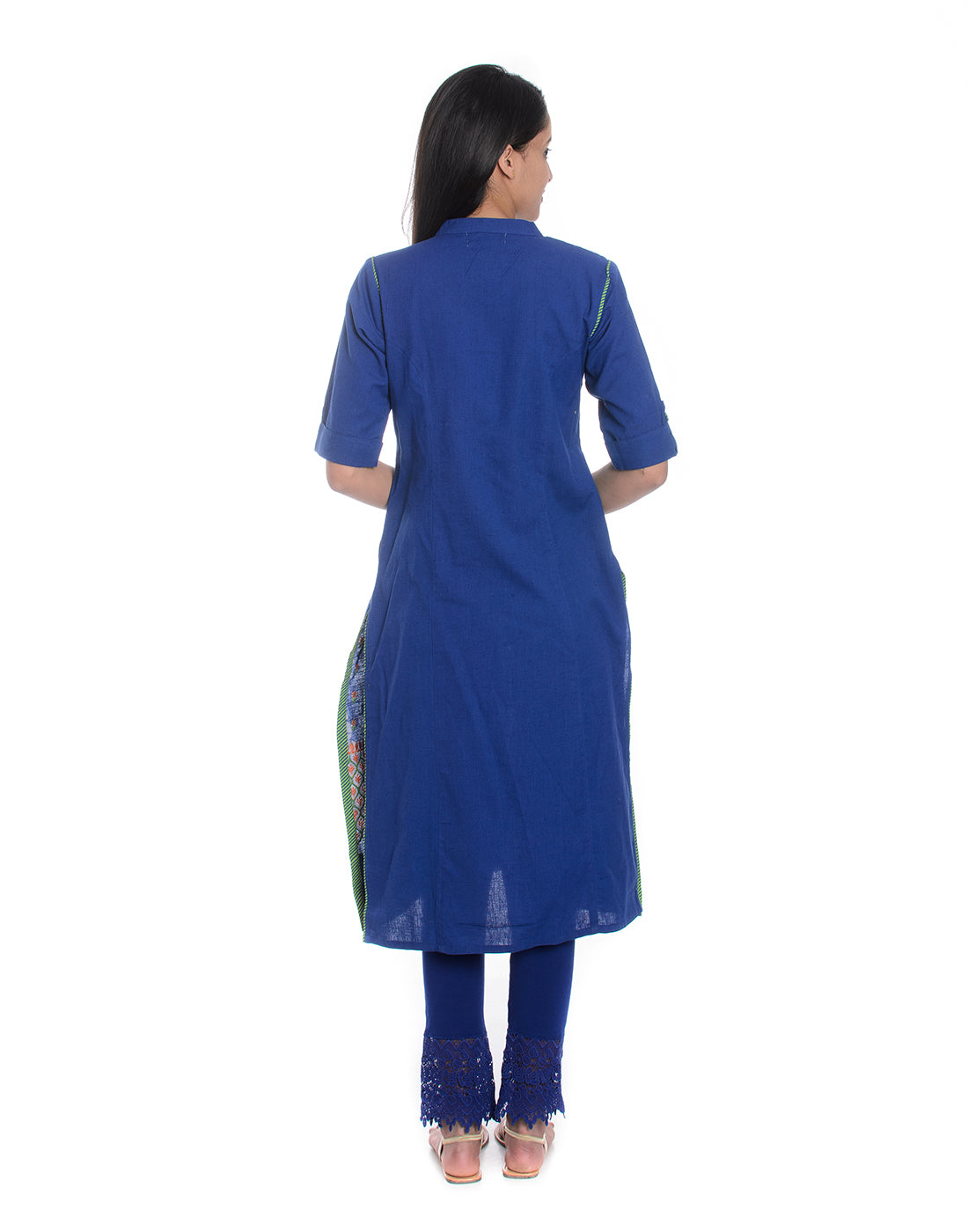 Blue Ethnic motifs Embroidered Mandarin Collar Pure Cotton A-Line Kurta