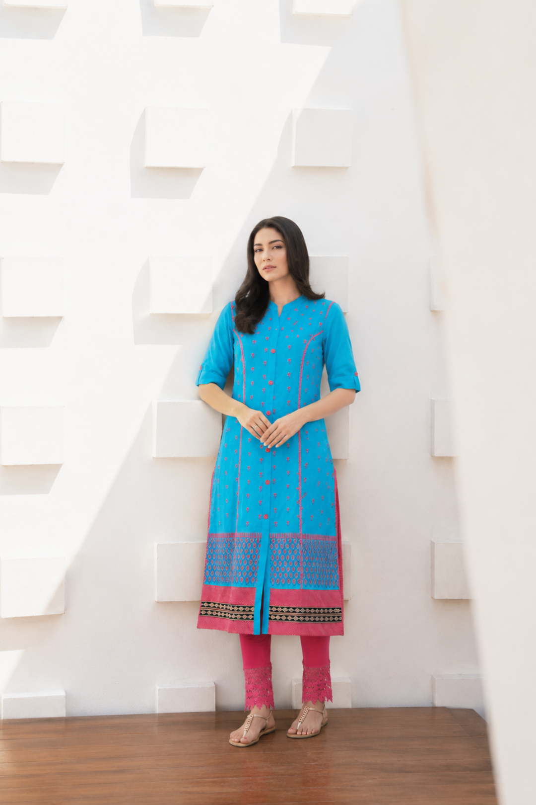 Blue Floral Embroidered Roll Up Sleeves Pure Cotton Kurta