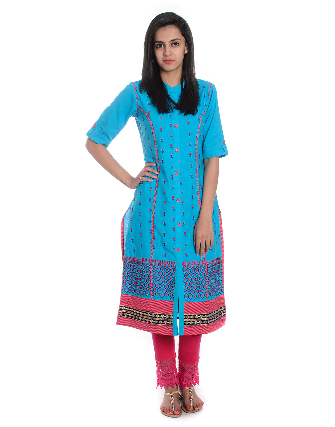 Blue Floral Embroidered Roll Up Sleeves Pure Cotton Kurta
