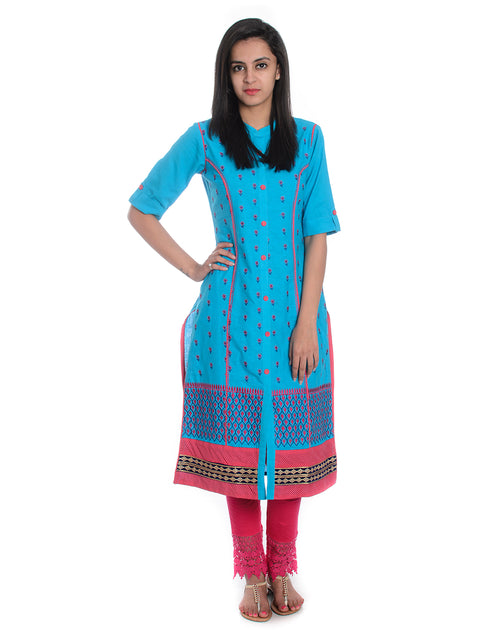 Blue Floral Embroidered Roll Up Sleeves Pure Cotton Kurta