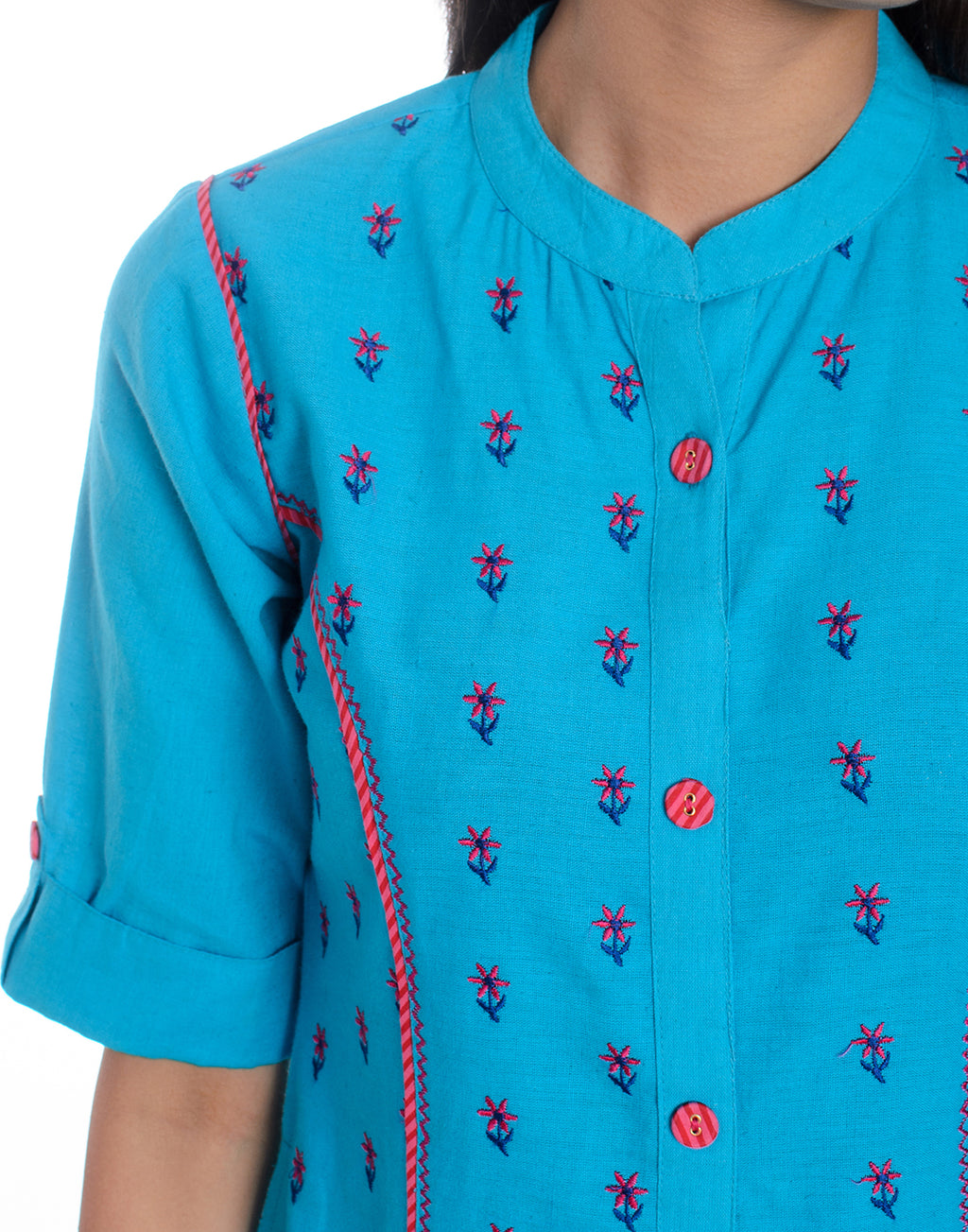 Blue Floral Embroidered Roll Up Sleeves Pure Cotton Kurta