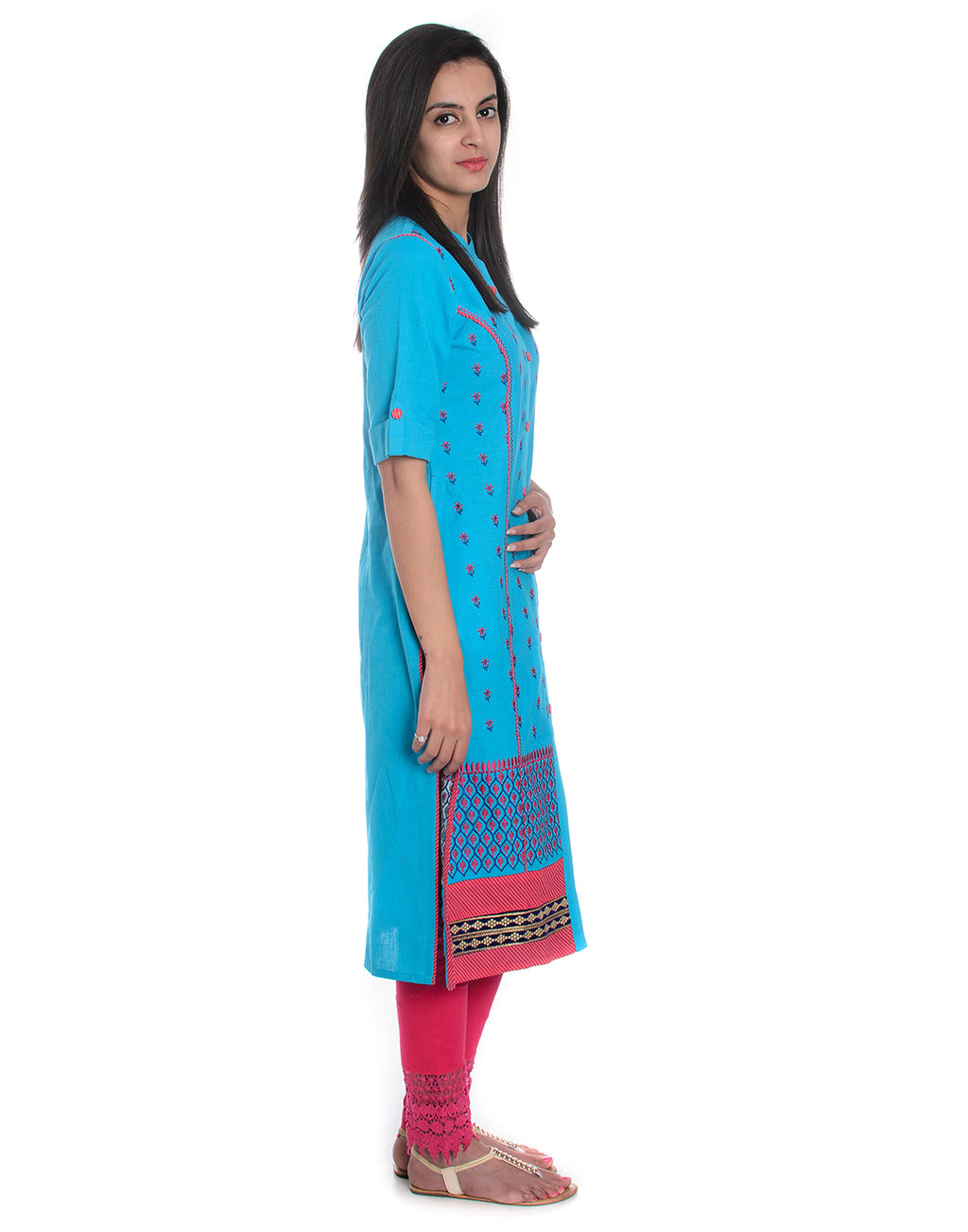 Blue Floral Embroidered Roll Up Sleeves Pure Cotton Kurta
