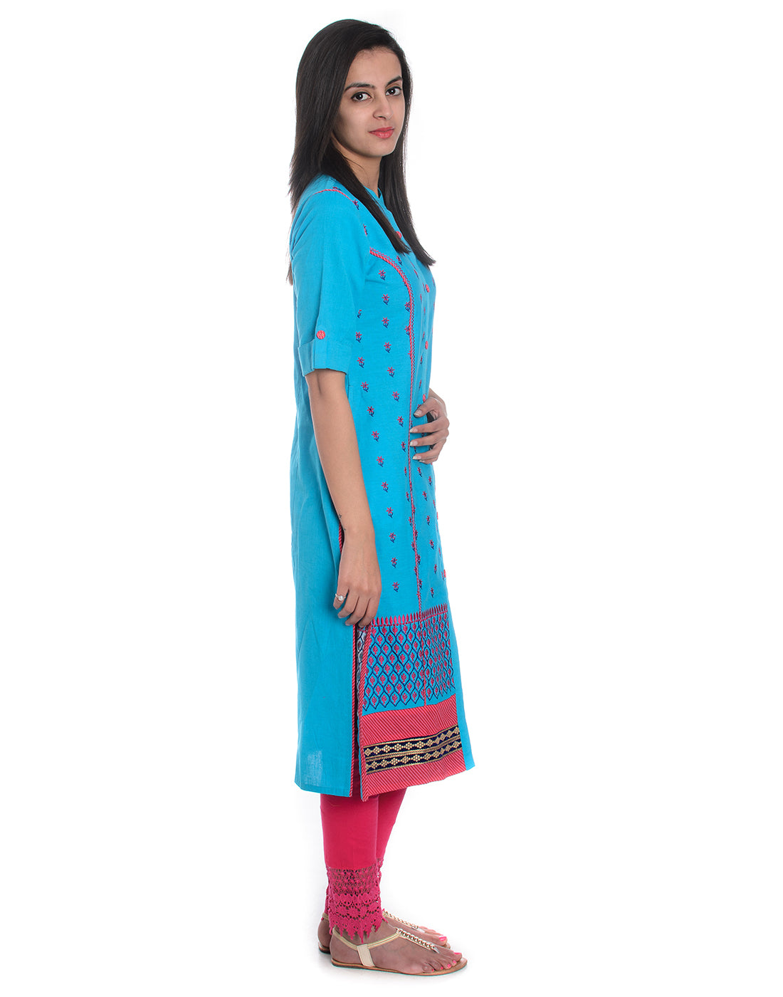 Blue Floral Embroidered Roll Up Sleeves Pure Cotton Kurta