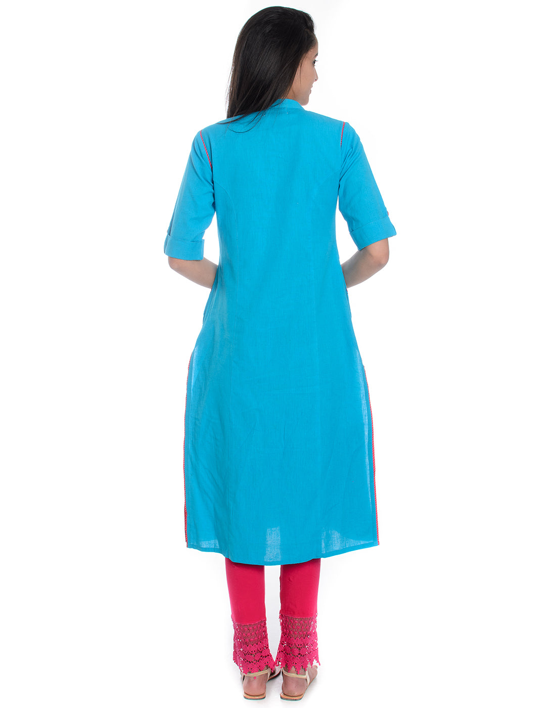 Blue Floral Embroidered Roll Up Sleeves Pure Cotton Kurta