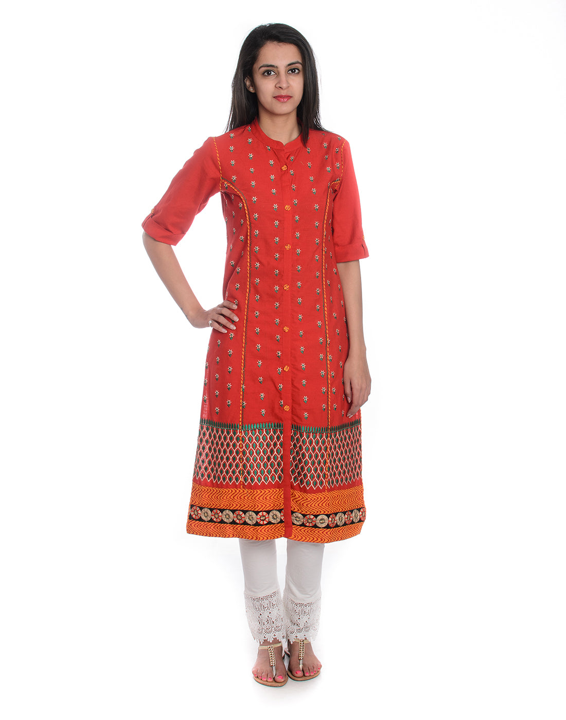 Red Embroidered Pure Cotton Panelled Kurta