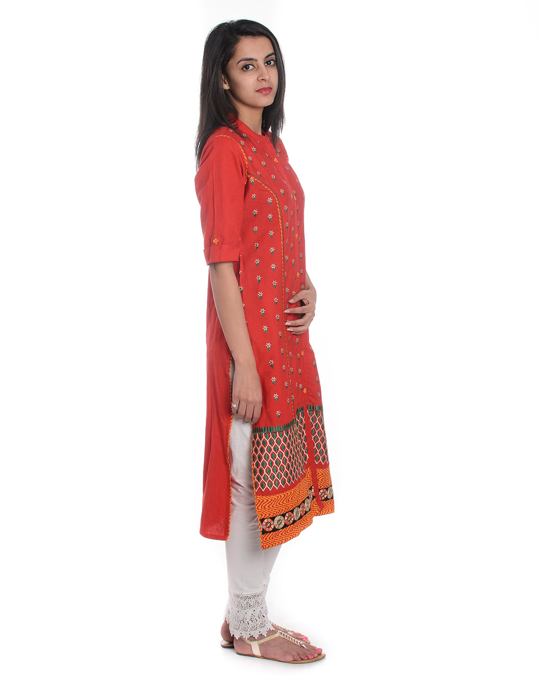 Red Embroidered Pure Cotton Panelled Kurta