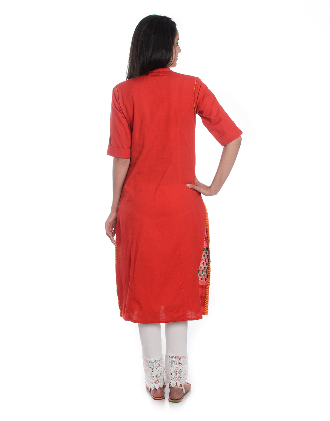 Red Embroidered Pure Cotton Panelled Kurta