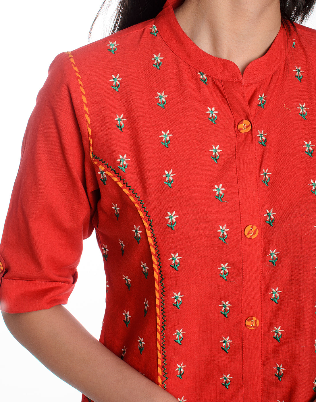 Red Embroidered Pure Cotton Panelled Kurta