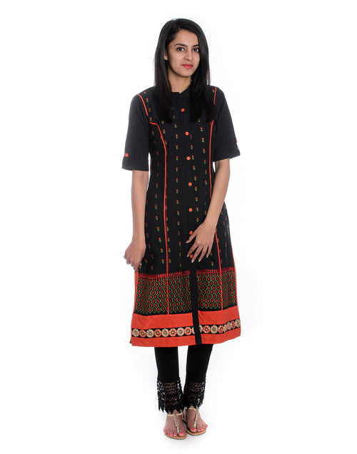 Black Floral Embroidered Roll Up Sleeves Pure Cotton Kurta