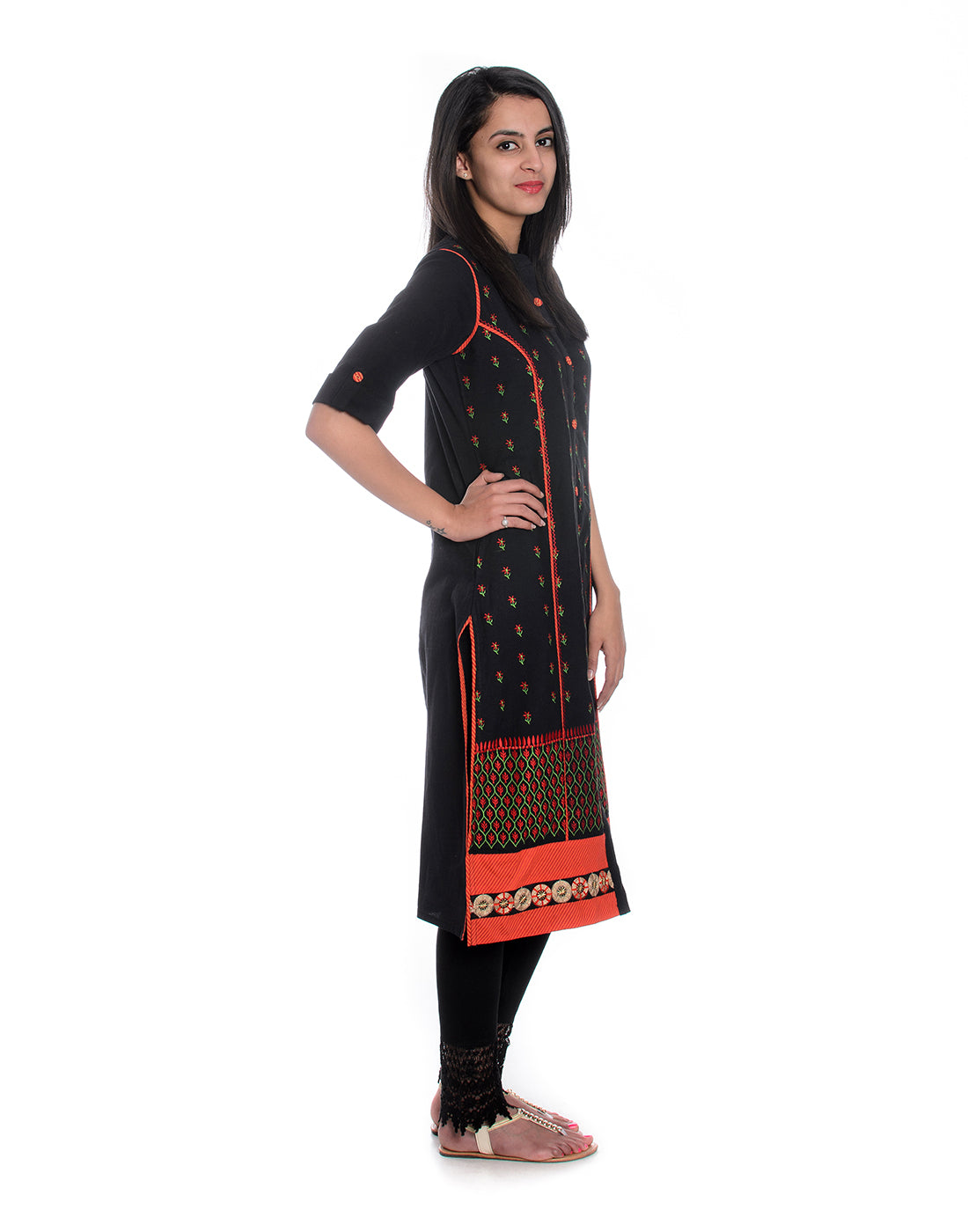 Black Floral Embroidered Roll Up Sleeves Pure Cotton Kurta