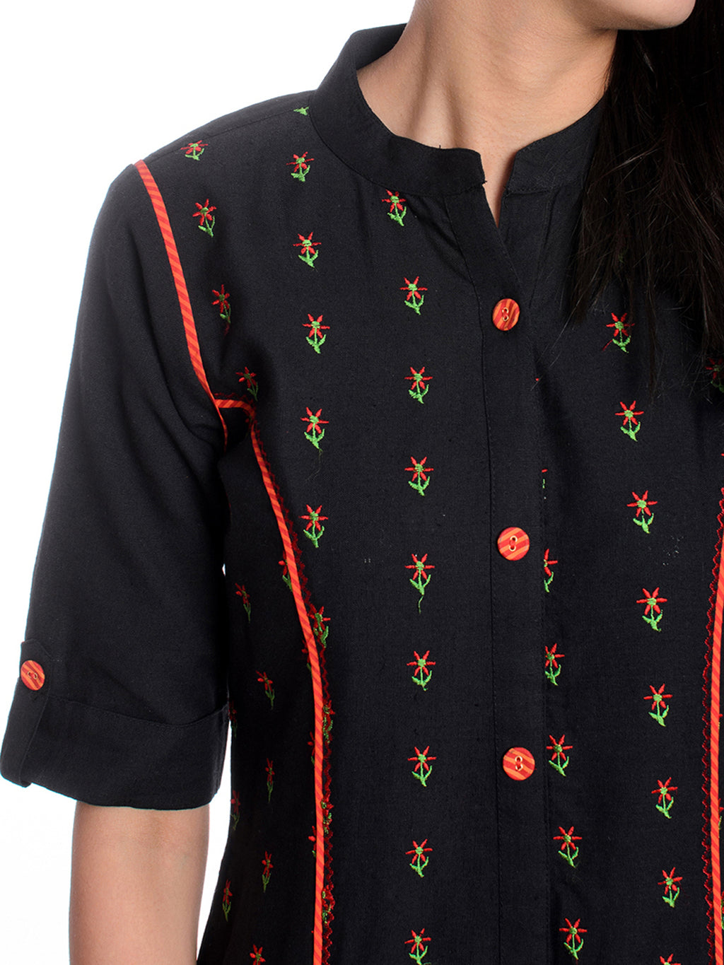 Black Floral Embroidered Roll Up Sleeves Pure Cotton Kurta