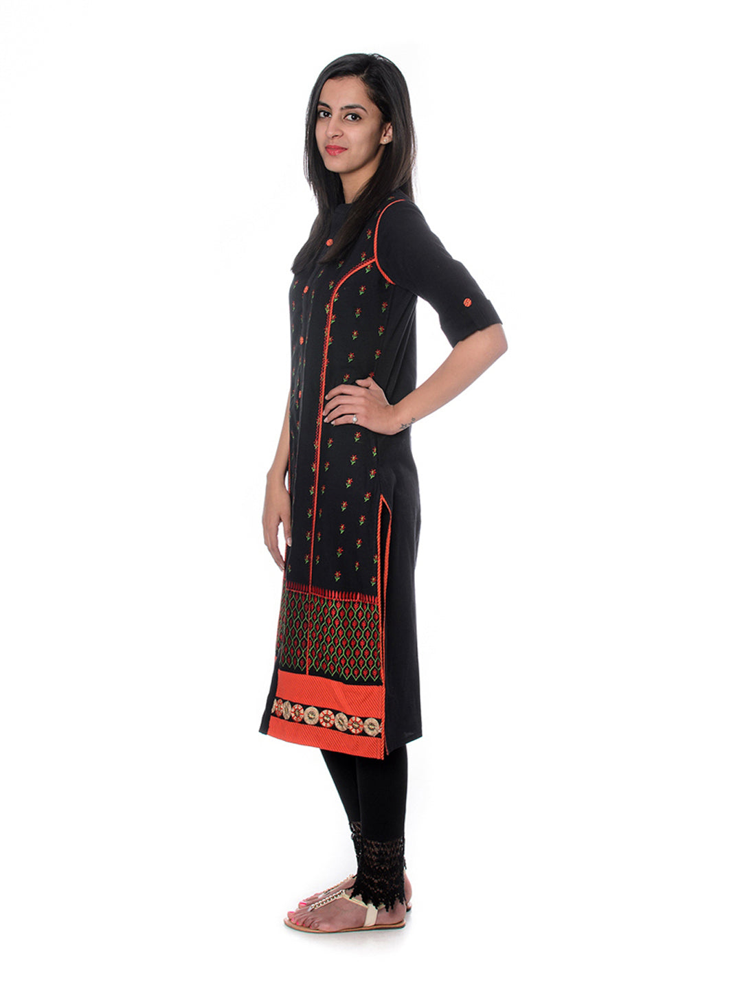 Black Floral Embroidered Roll Up Sleeves Pure Cotton Kurta