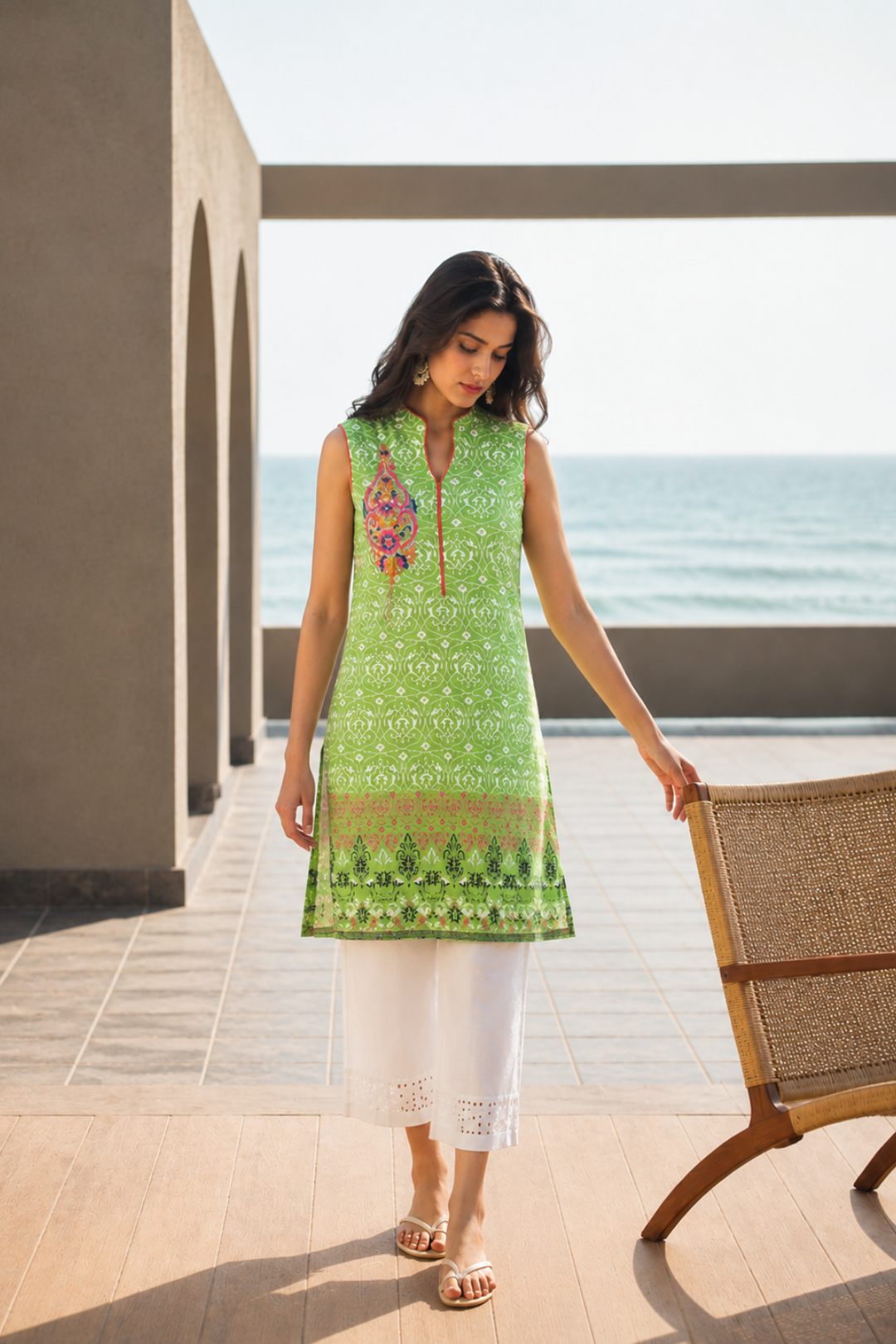 Green Ethnic Motifs Embroidered  Sleeveless   Cotton Straight Kurta