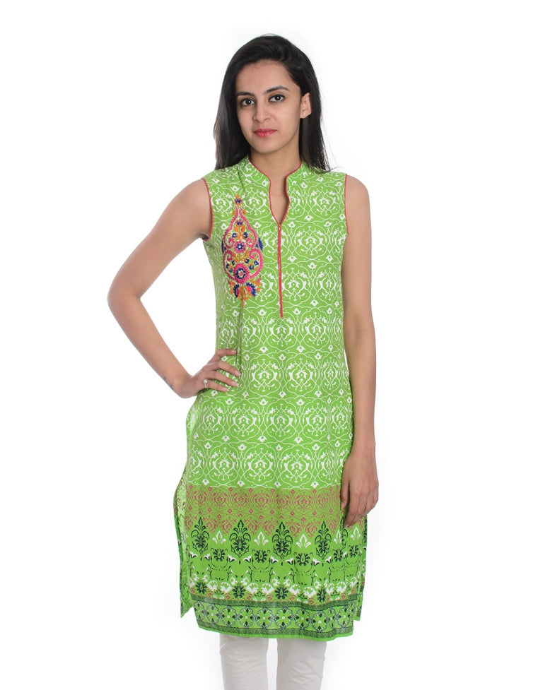 Green Ethnic Motifs Embroidered  Sleeveless   Cotton Straight Kurta