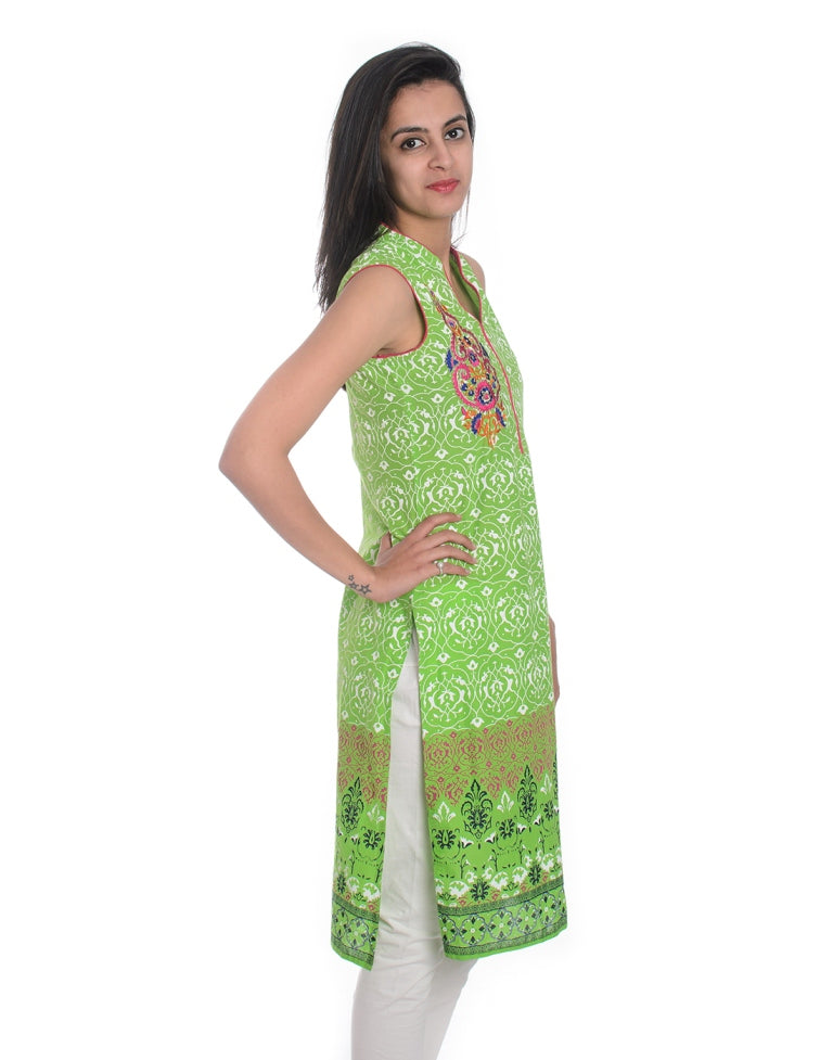 Green Ethnic Motifs Embroidered  Sleeveless   Cotton Straight Kurta