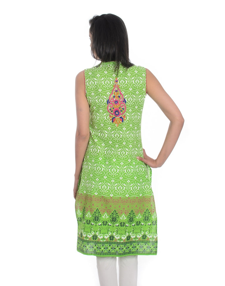 Green Ethnic Motifs Embroidered  Sleeveless   Cotton Straight Kurta
