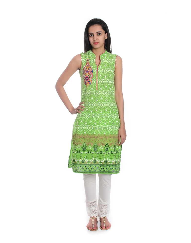 Green Ethnic Motifs Embroidered  Sleeveless   Cotton Straight Kurta