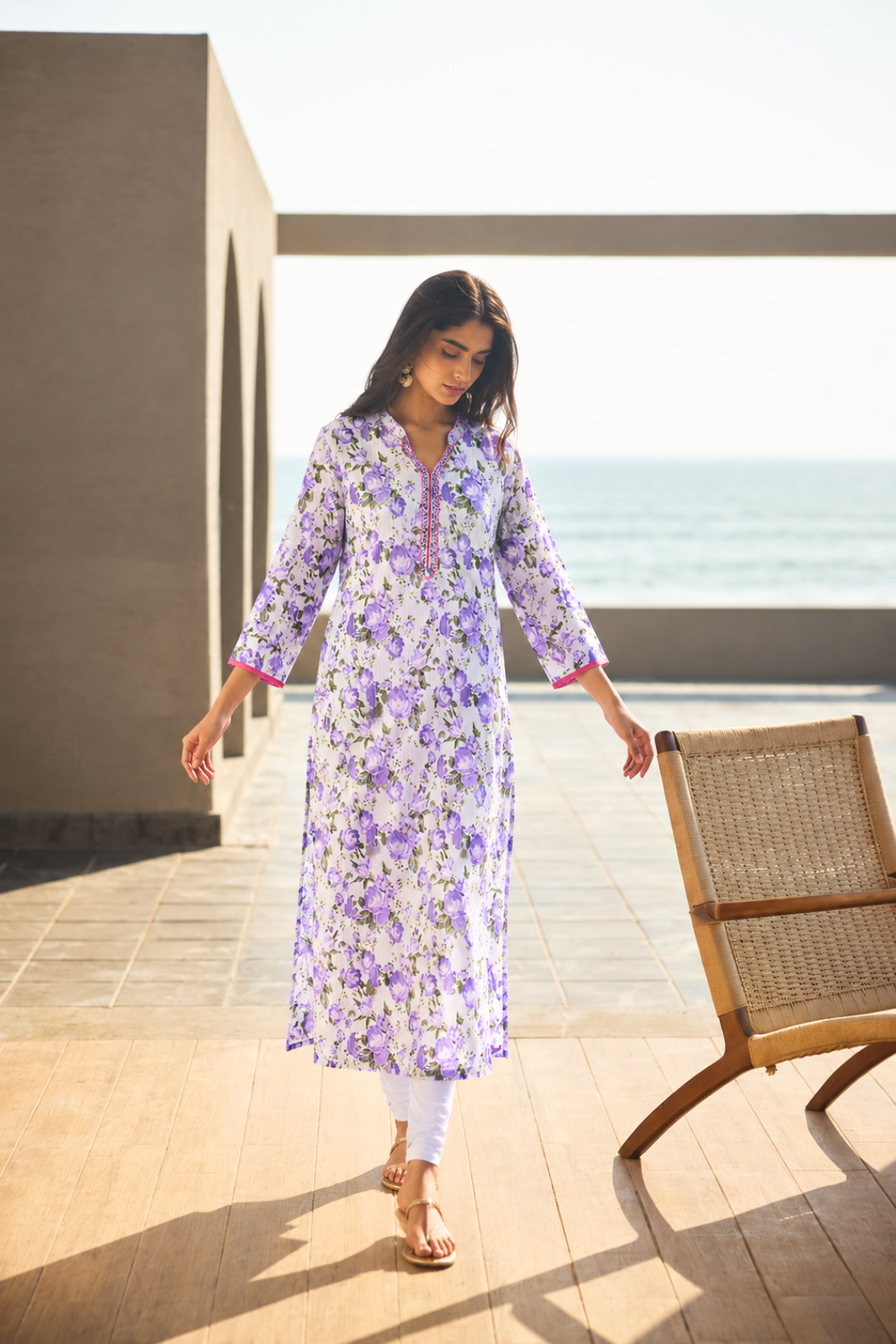 White Floral Printed Cotton Straight Kurta