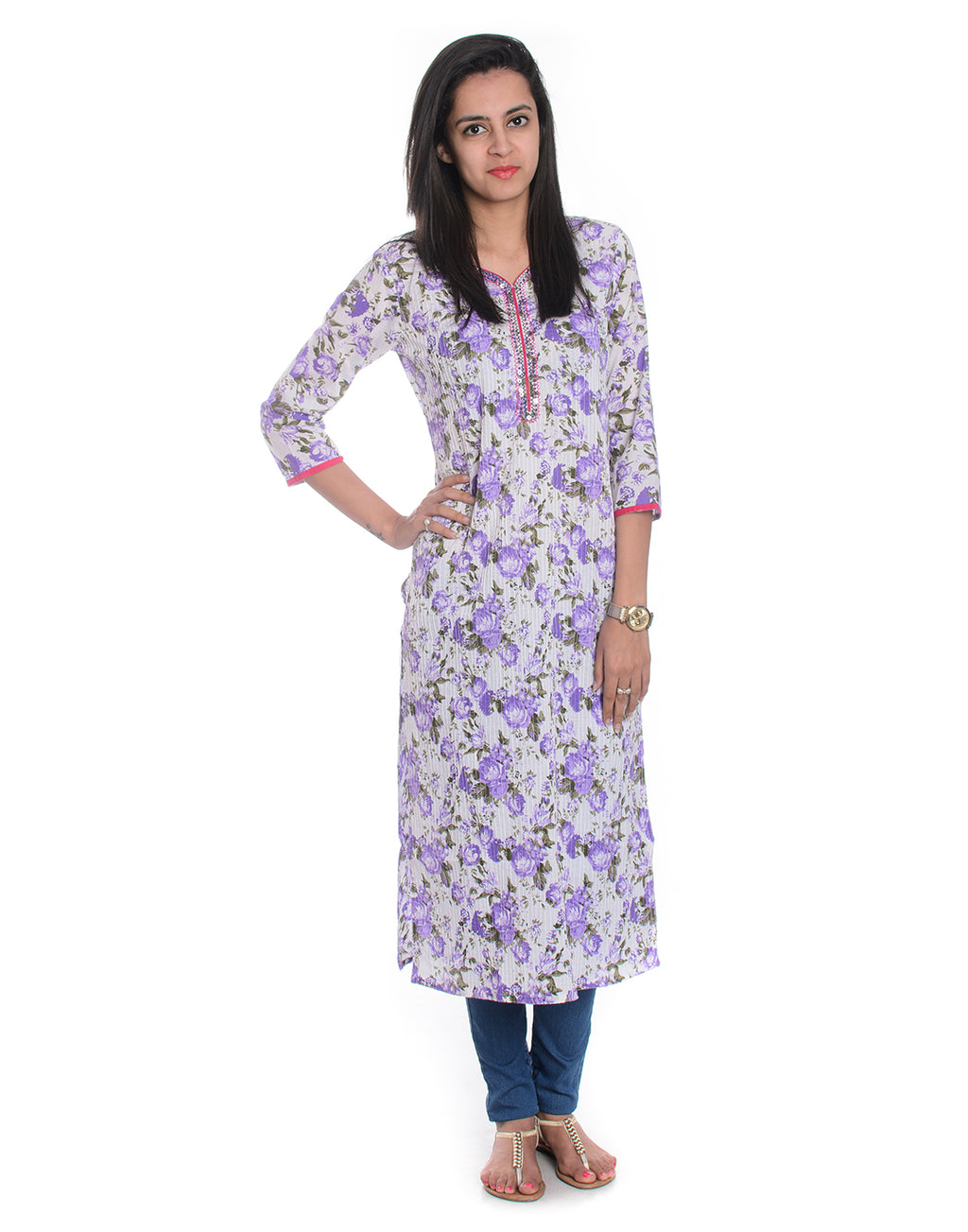 White Floral Printed Cotton Straight Kurta