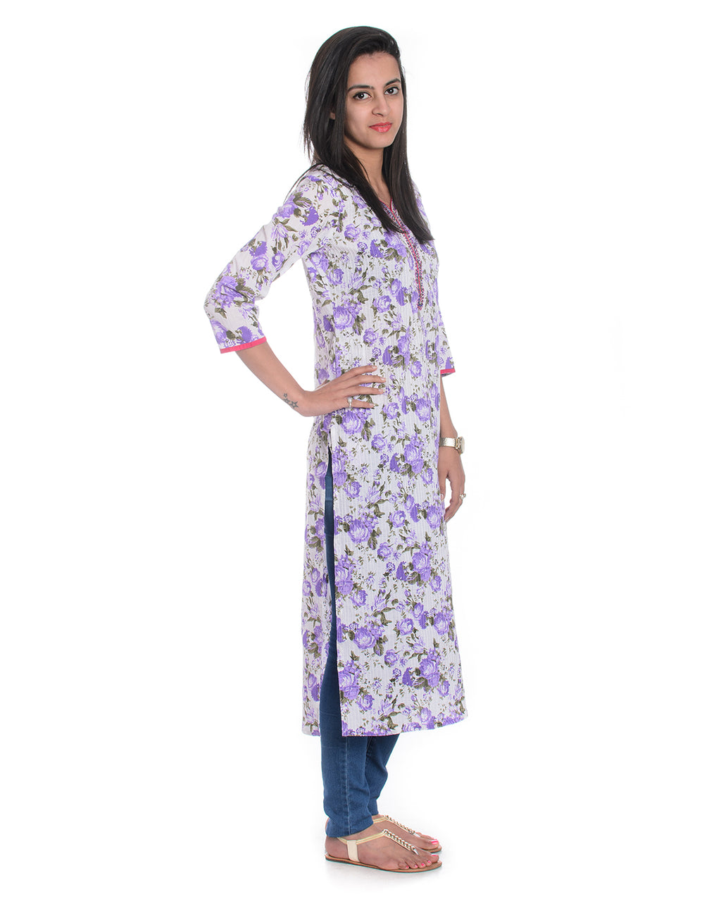 White Floral Printed Cotton Straight Kurta