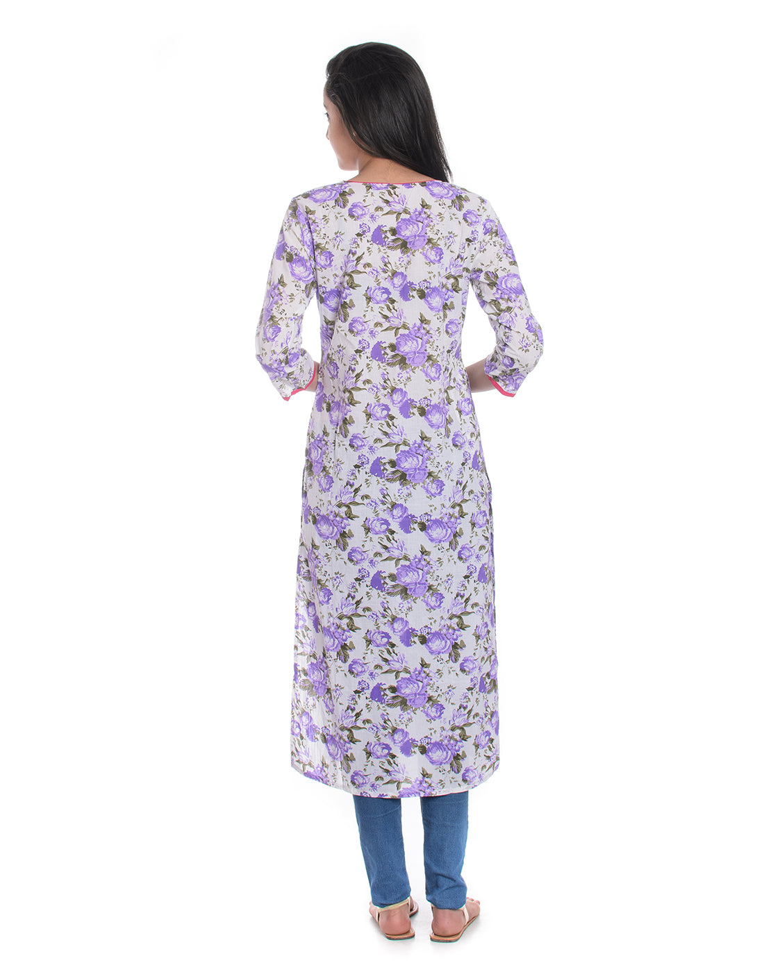 White Floral Printed Cotton Straight Kurta