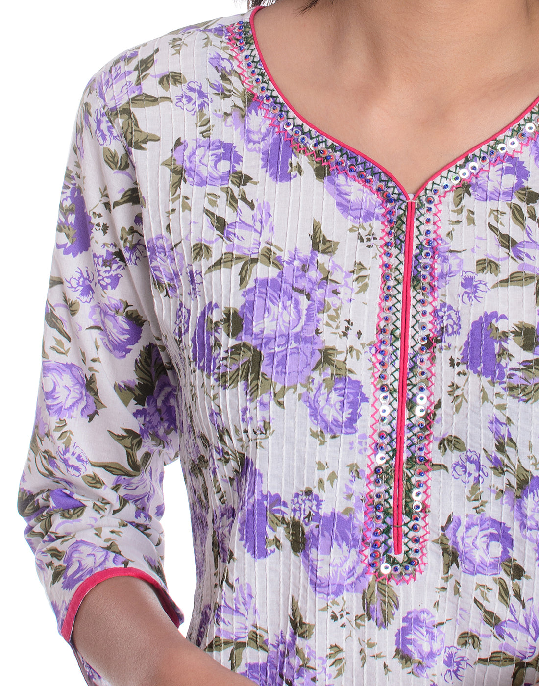 White Floral Printed Cotton Straight Kurta