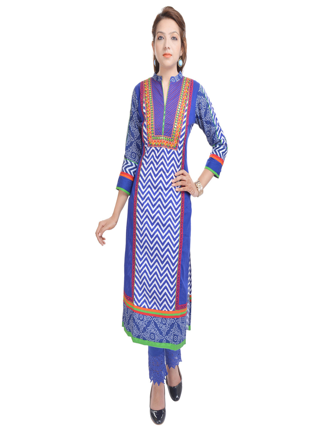 Blue Geometric Printed Pure Cotton Thread Work Kurta