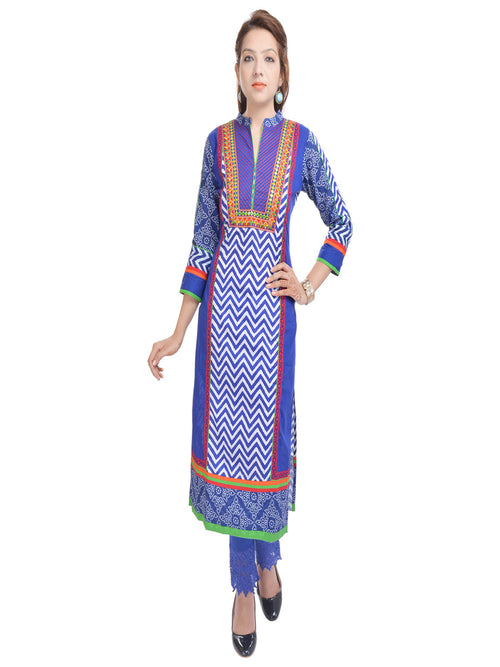 Blue Geometric Printed Pure Cotton Thread Work Kurta