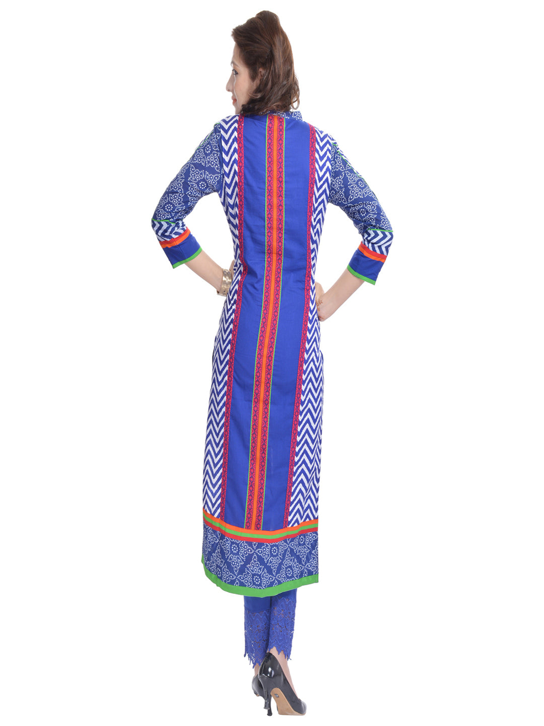 Blue Geometric Printed Pure Cotton Thread Work Kurta