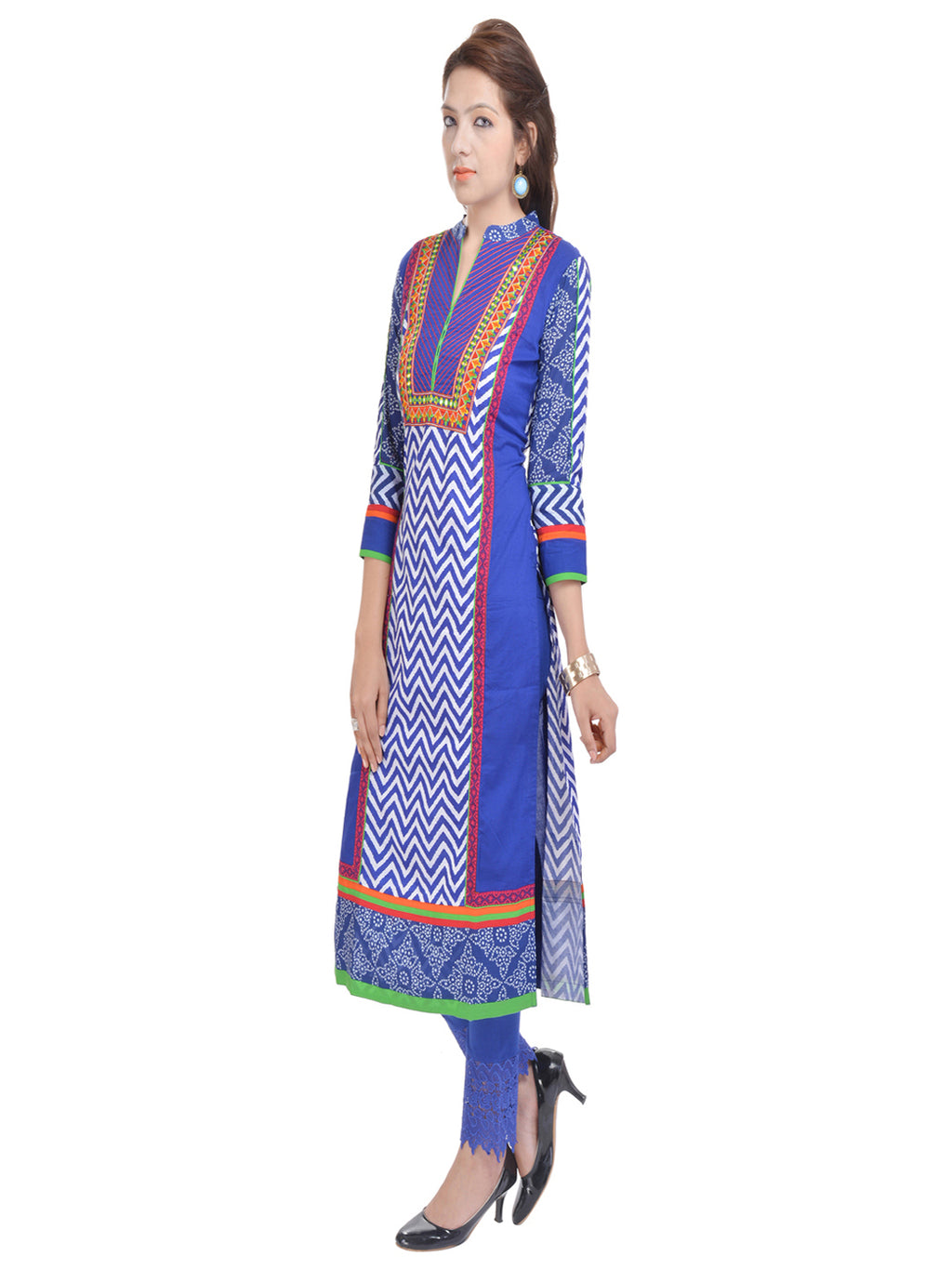 Blue Geometric Printed Pure Cotton Thread Work Kurta