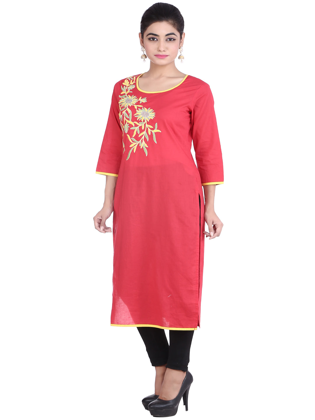 Red Embroidered Straight Cotton Sustainable Kurta