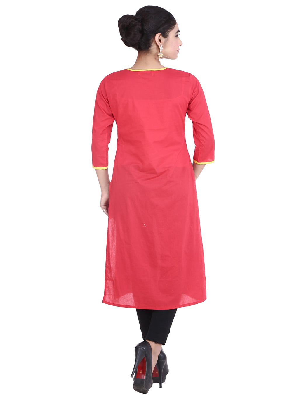 Red Embroidered Straight Cotton Sustainable Kurta