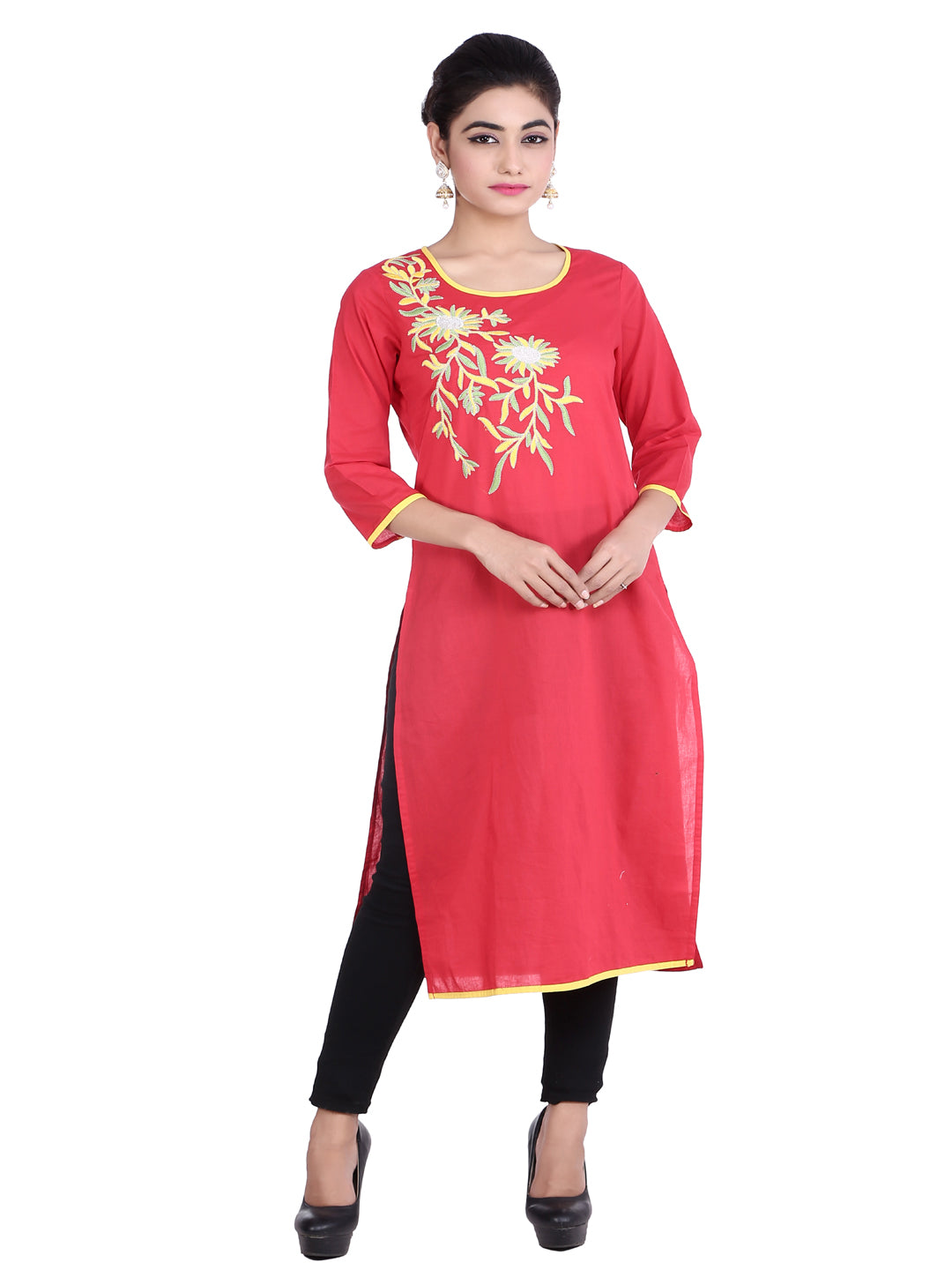 Red Embroidered Straight Cotton Sustainable Kurta