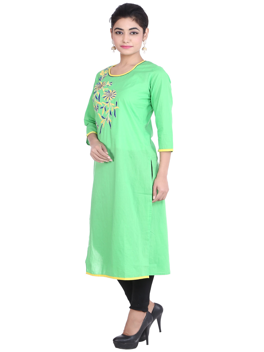 Green Embroidered Straight Cotton Sustainable Kurta