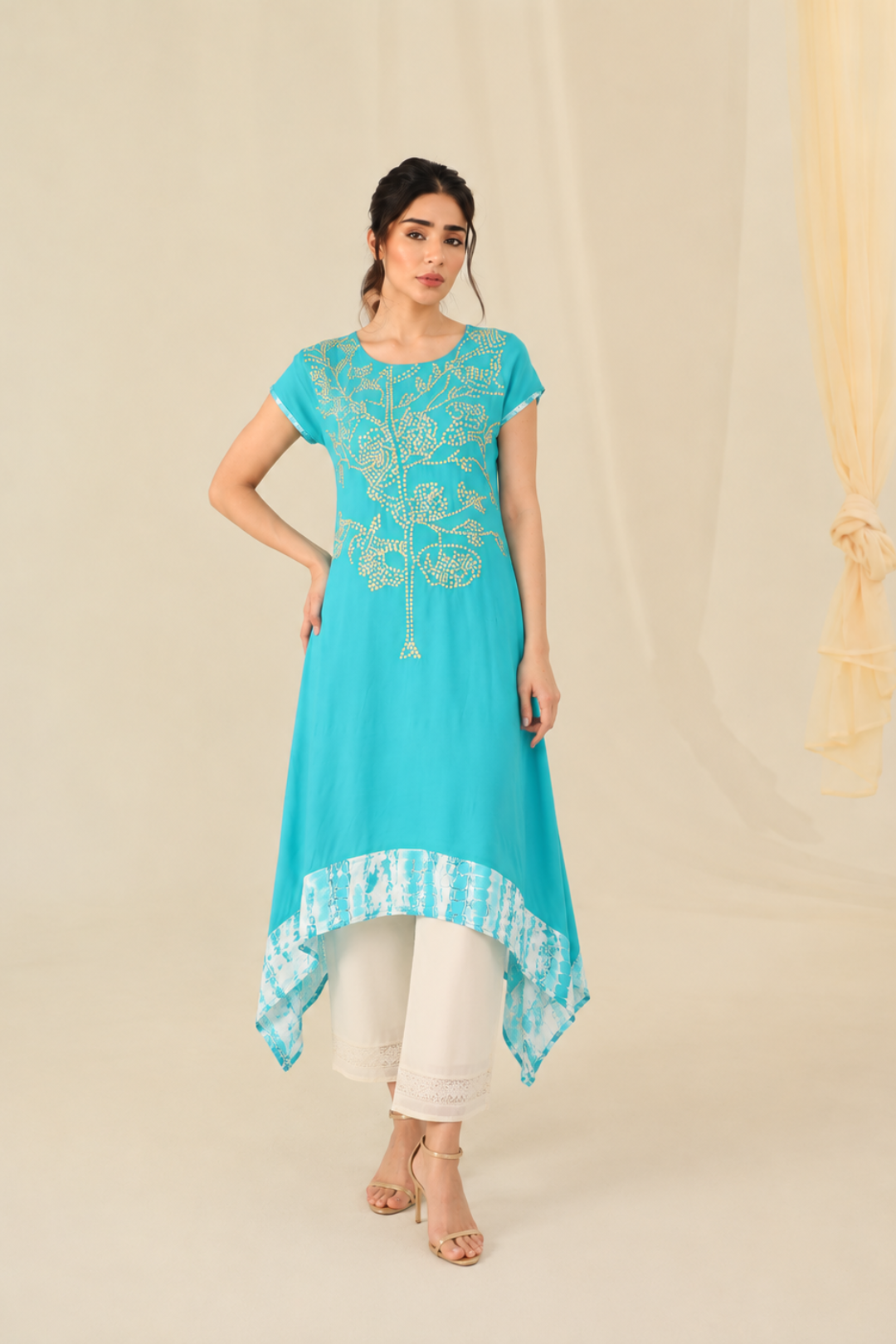 Sea Green Embroidered Asymmetric A-Line Kurta
