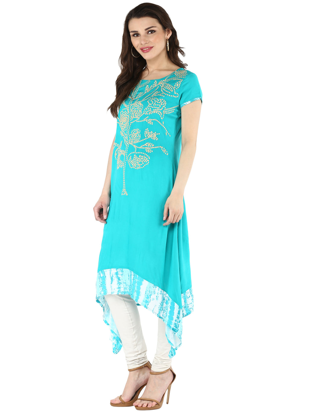 Sea Green Embroidered Asymmetric A-Line Kurta