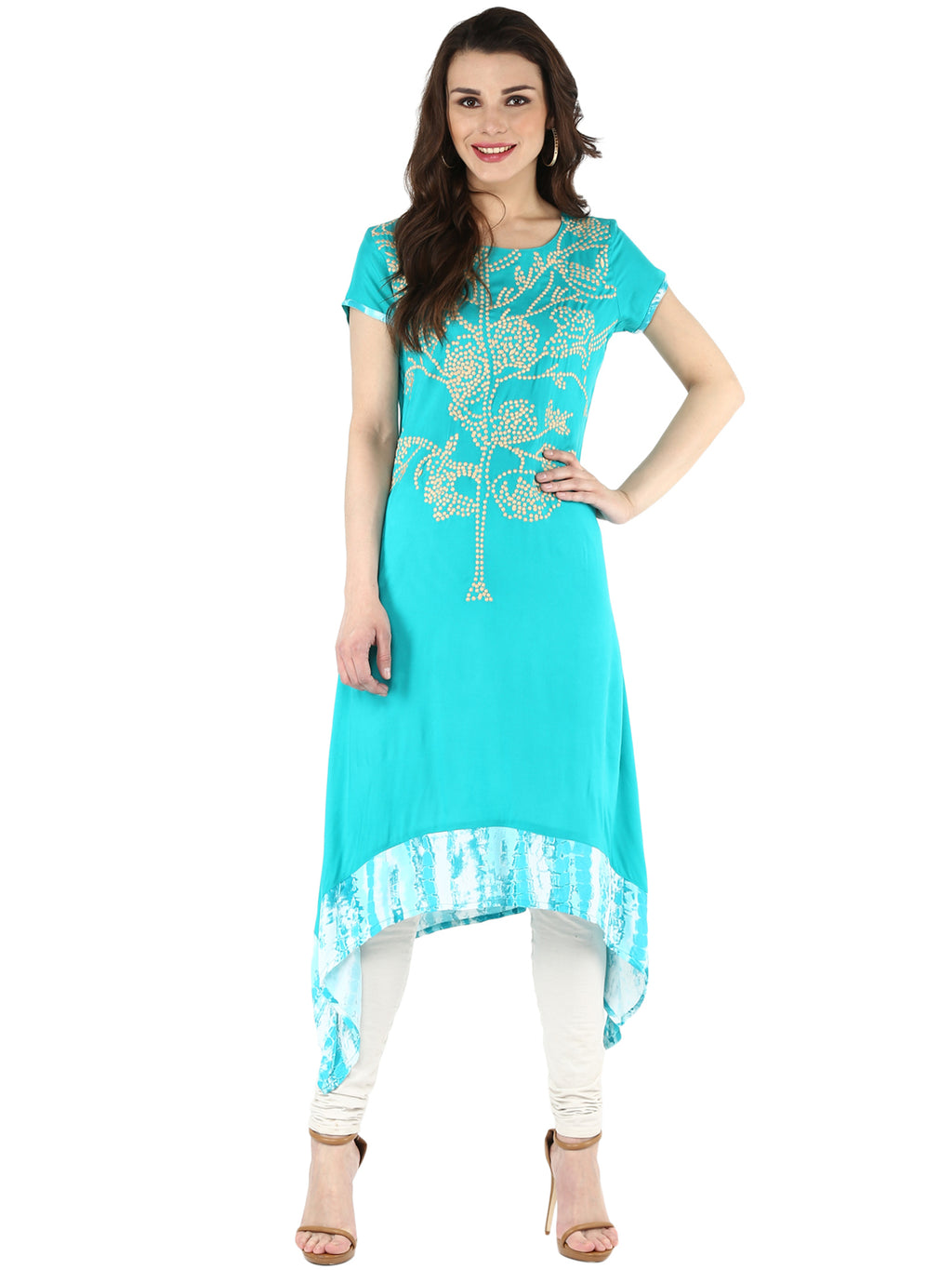 Sea Green Embroidered Asymmetric A-Line Kurta