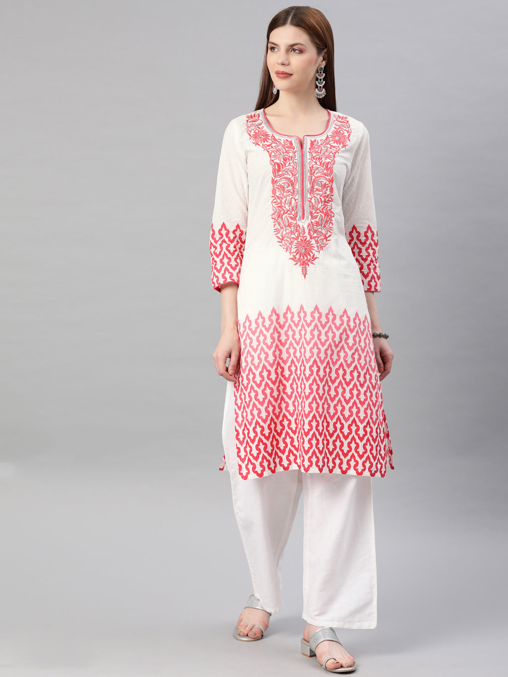White & Pink Embroidered Straight Cotton Kurta