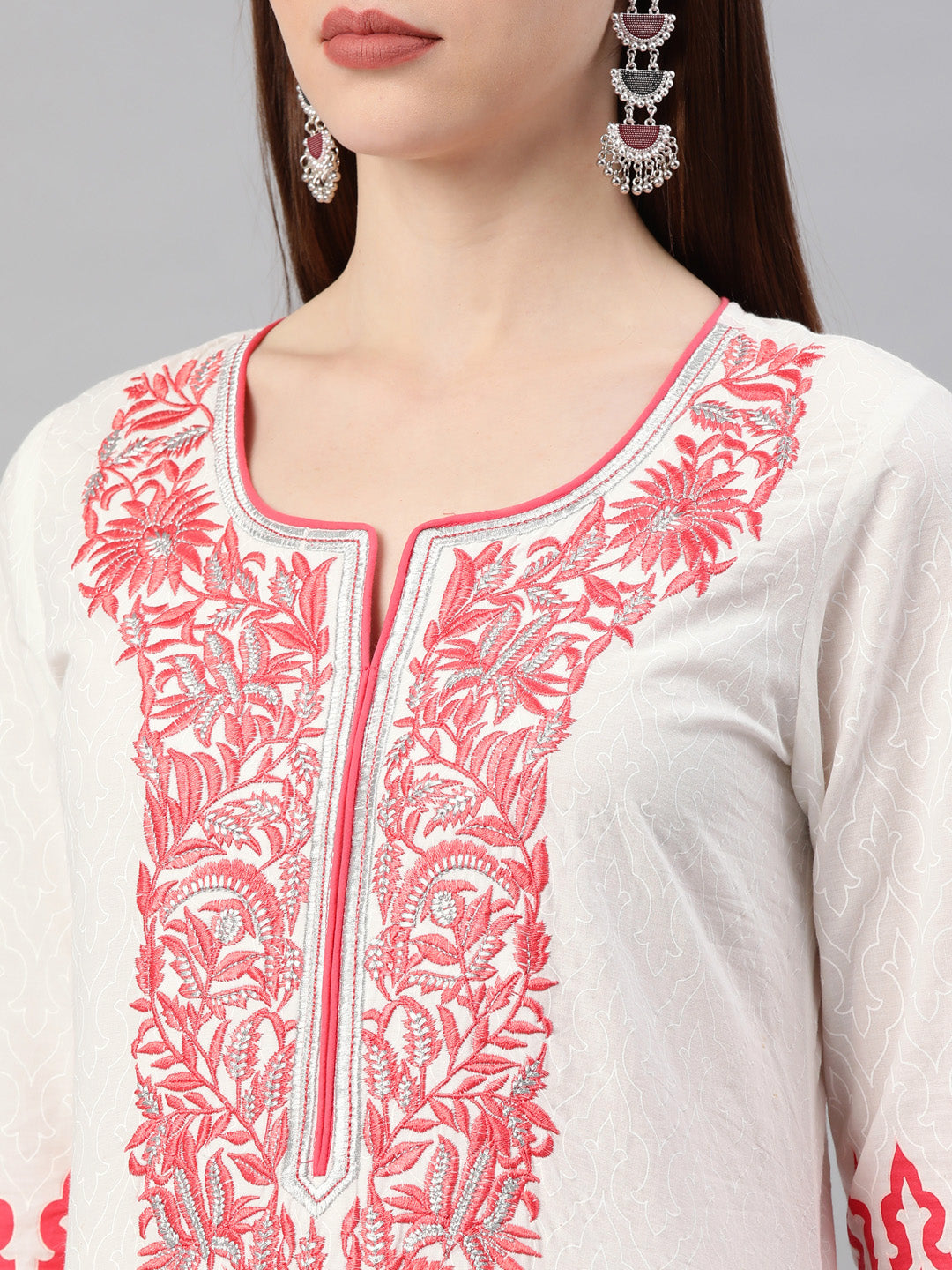 White & Pink Embroidered Straight Cotton Kurta