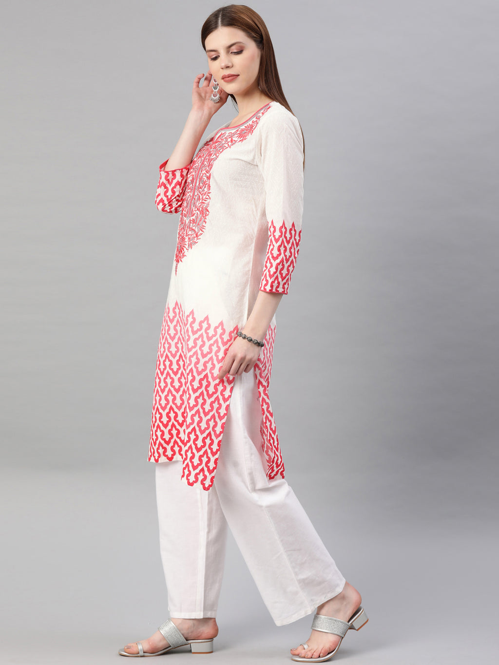 White & Pink Embroidered Straight Cotton Kurta