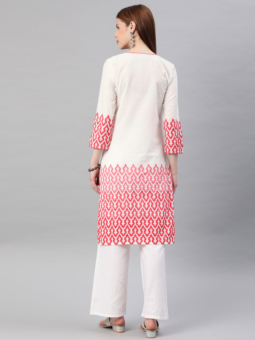 White & Pink Embroidered Straight Cotton Kurta