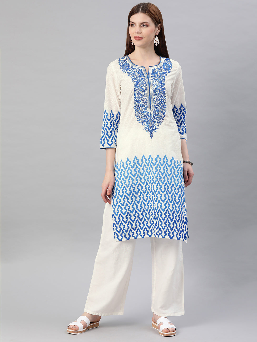 White & Blue Embroidered Straight Cotton Sustainable Kurta