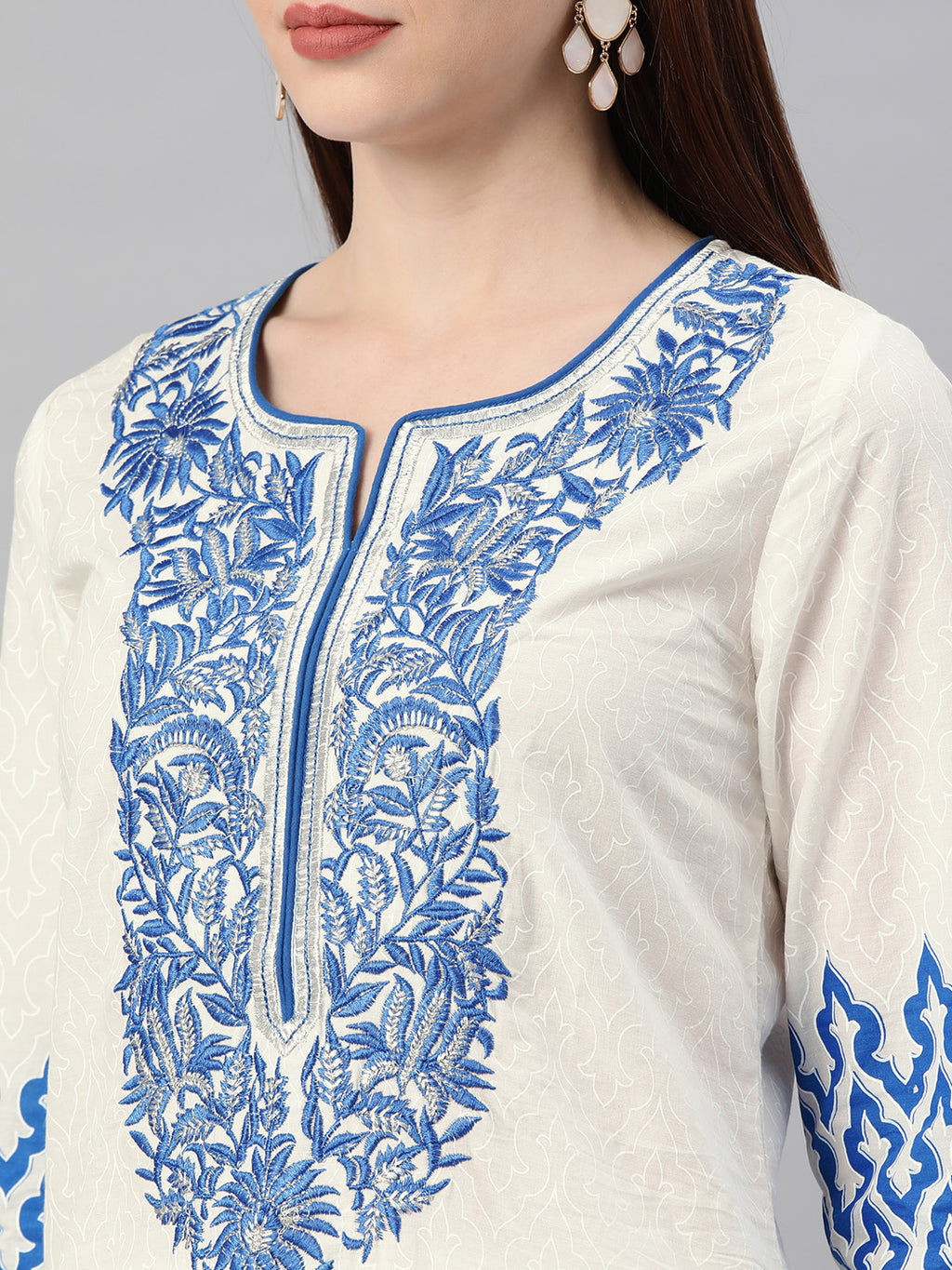 White & Blue Embroidered Straight Cotton Sustainable Kurta