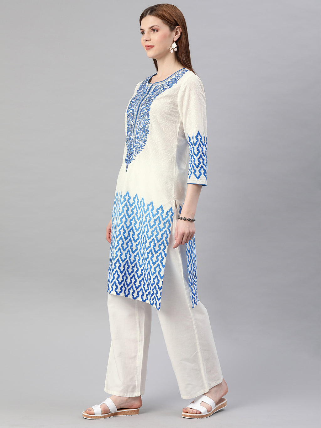 White & Blue Embroidered Straight Cotton Sustainable Kurta