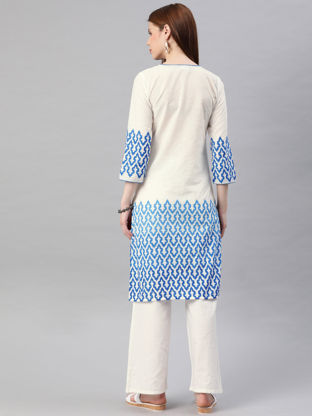 White & Blue Embroidered Straight Cotton Sustainable Kurta