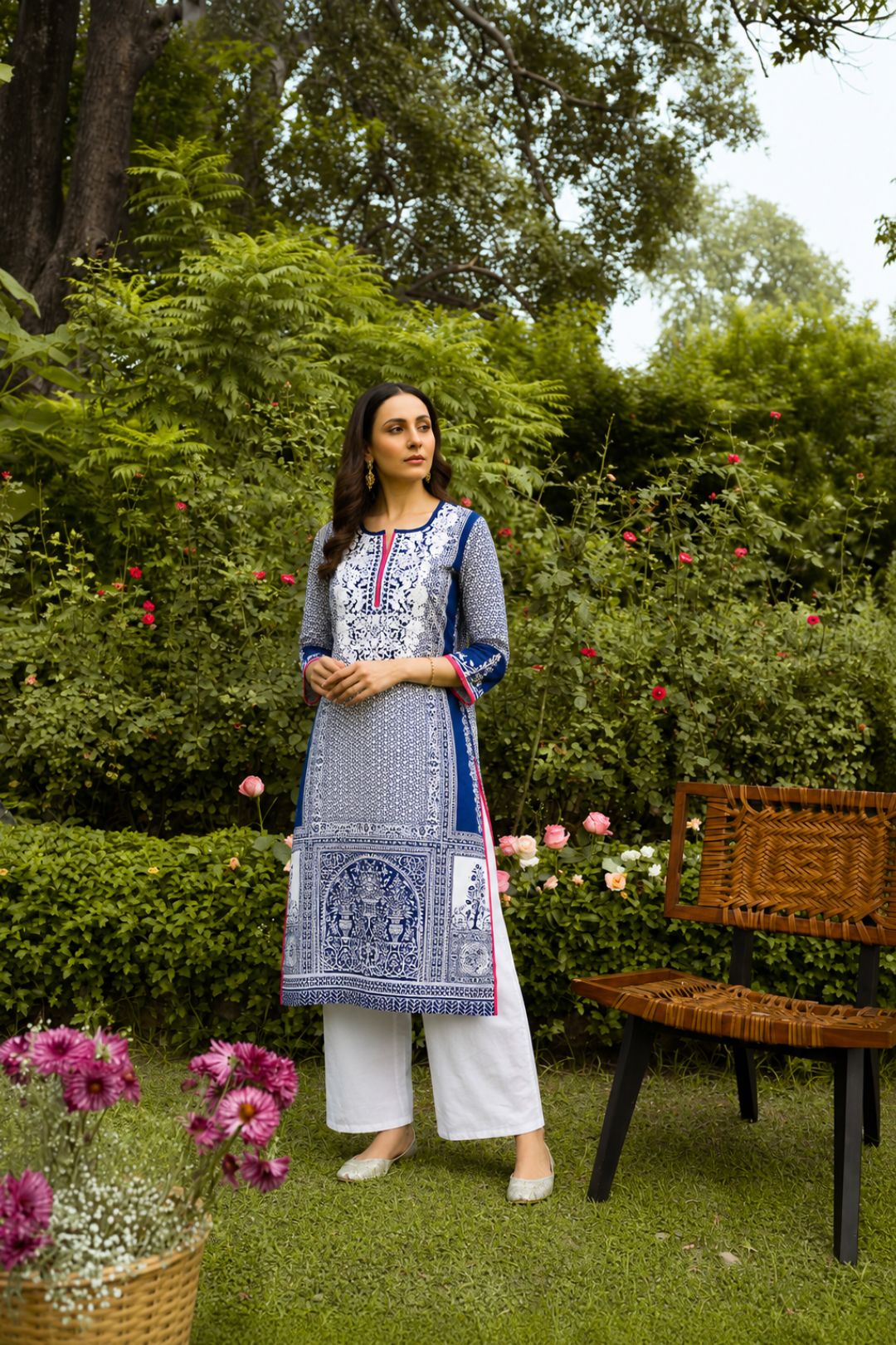 Blue Embroidered Straight Cotton Kurta