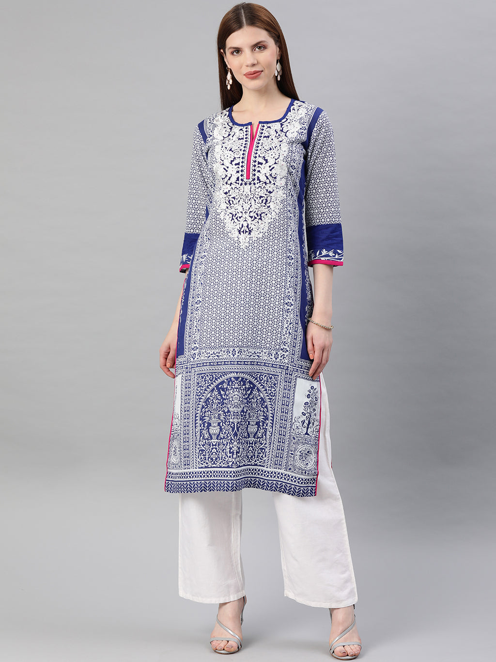 Blue Embroidered Straight Cotton Kurta