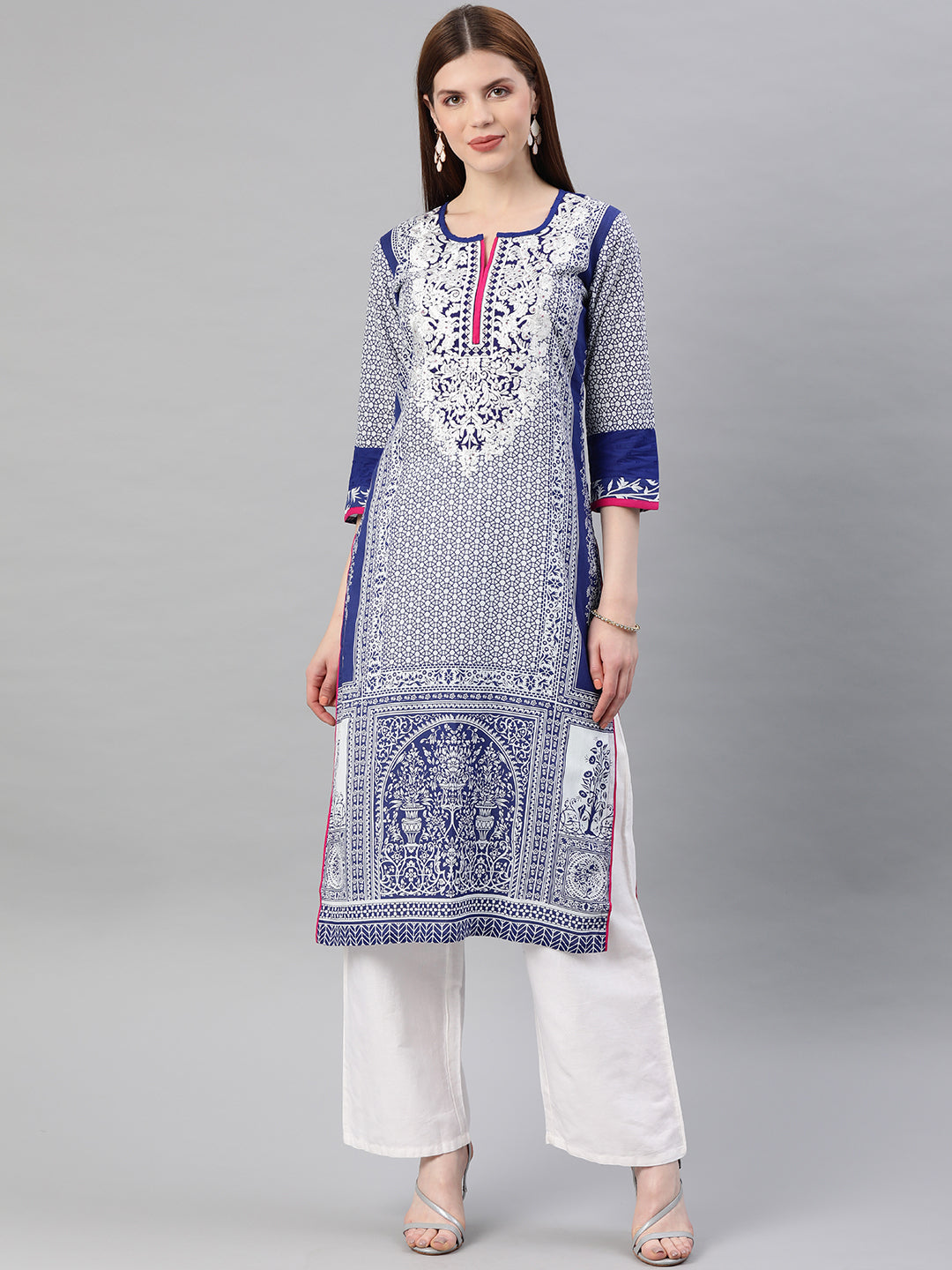 Blue Embroidered Straight Cotton Kurta