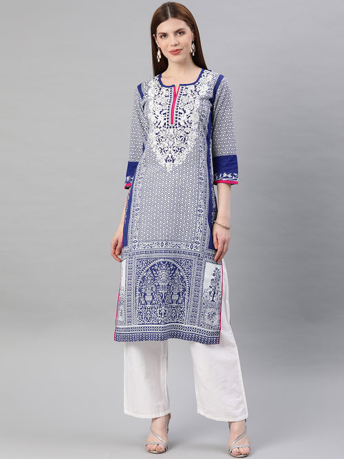 Blue Embroidered Straight Cotton Kurta