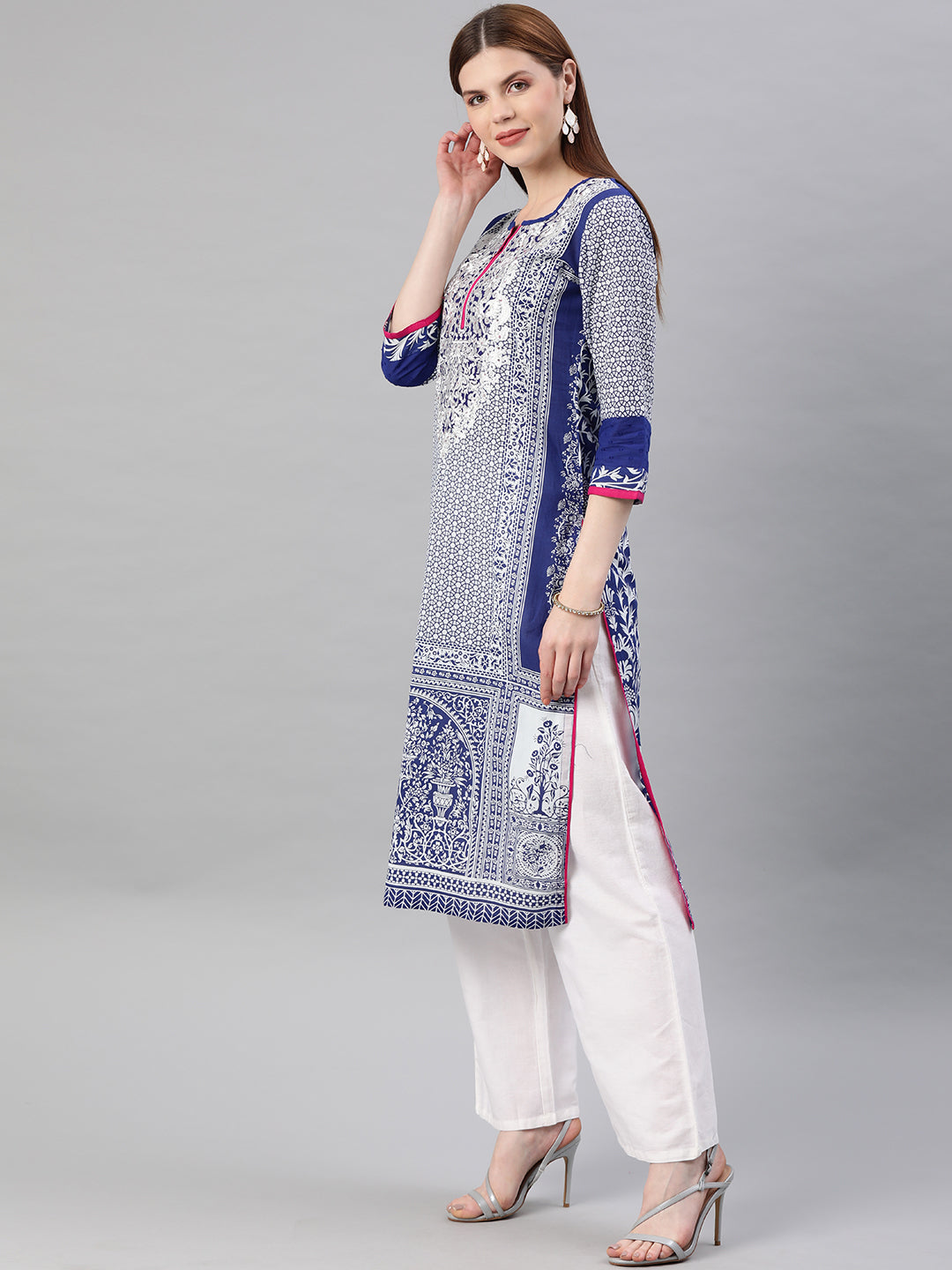 Blue Embroidered Straight Cotton Kurta
